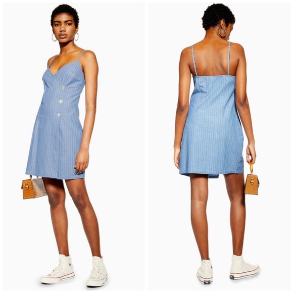 TOPSHOP Chambray Denim Stripe Opal Wrap Tank Dress - Picture 3 of 10